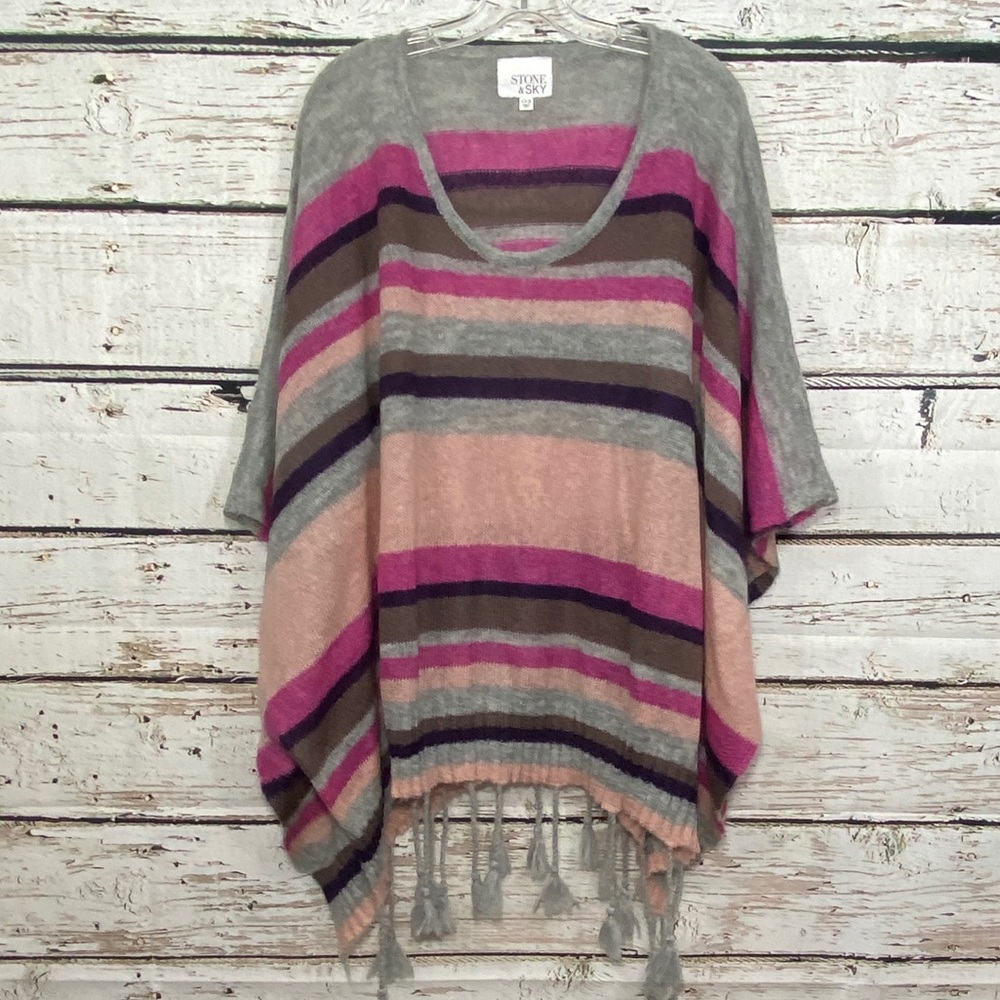 Stone & Sky Striped Fringe Poncho OS